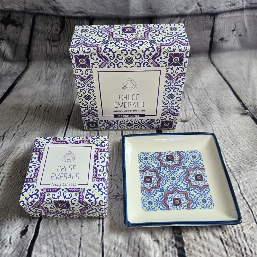 Emerald Blue and White Soap Dish Set